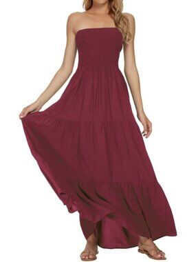 Women's Wine Summer Stylish Tube Top Off Shoulder Boho Beach Long Maxi Dress